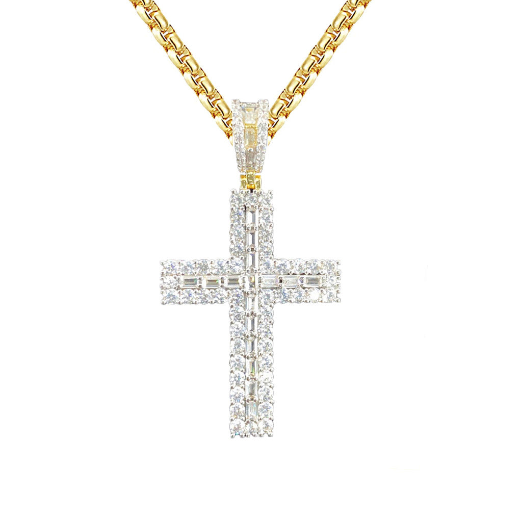 Baguette Cross Religious Icy Hip Hop Gold Tone Pendant