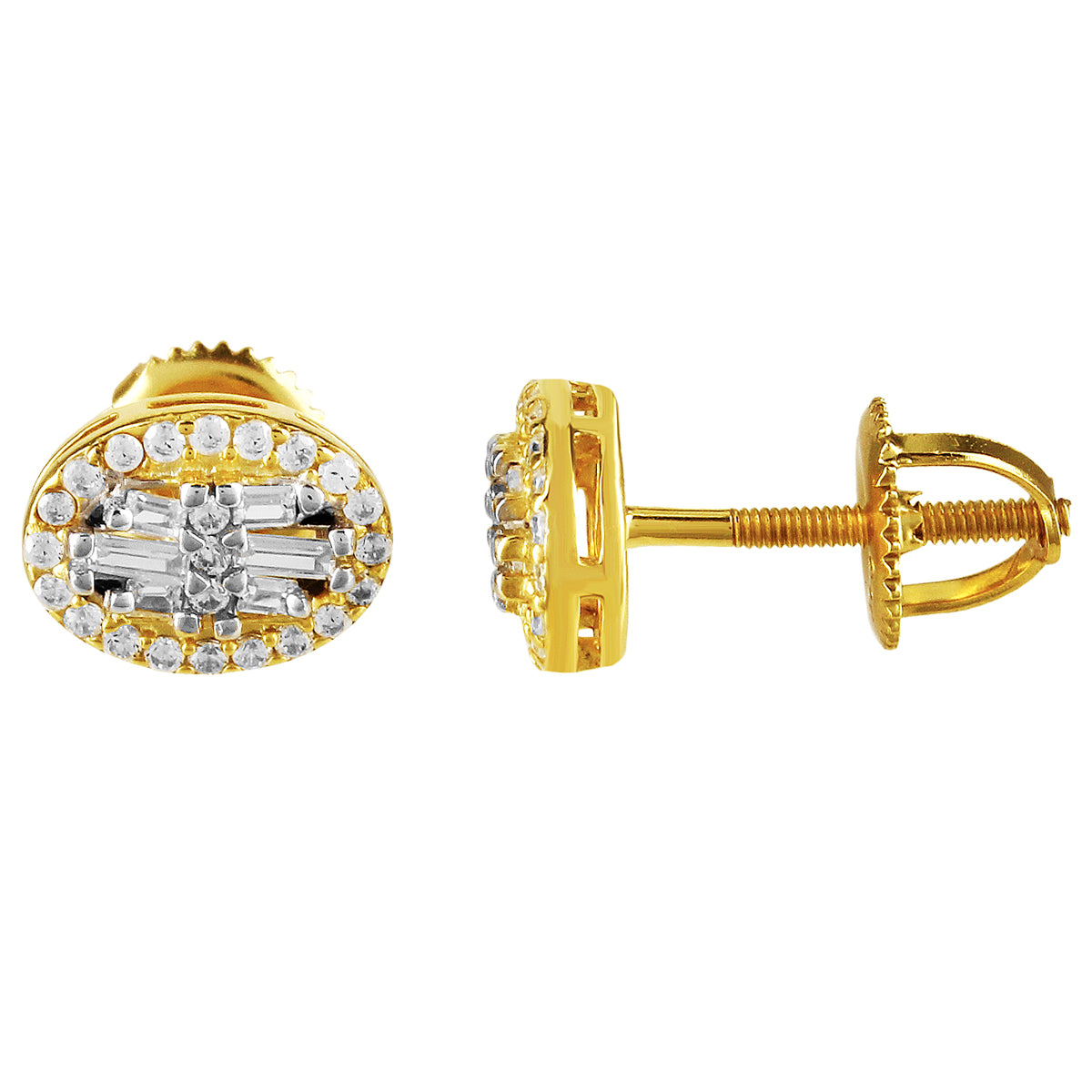 Gold Tone Oval Shape Baguette Icy Stud Solitaire Earring