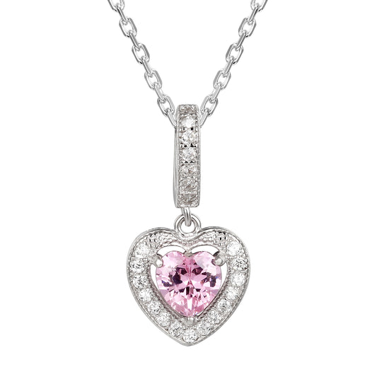 Designer Pink Center Heart Solitaire Sterling Silver Pendant Gift Set