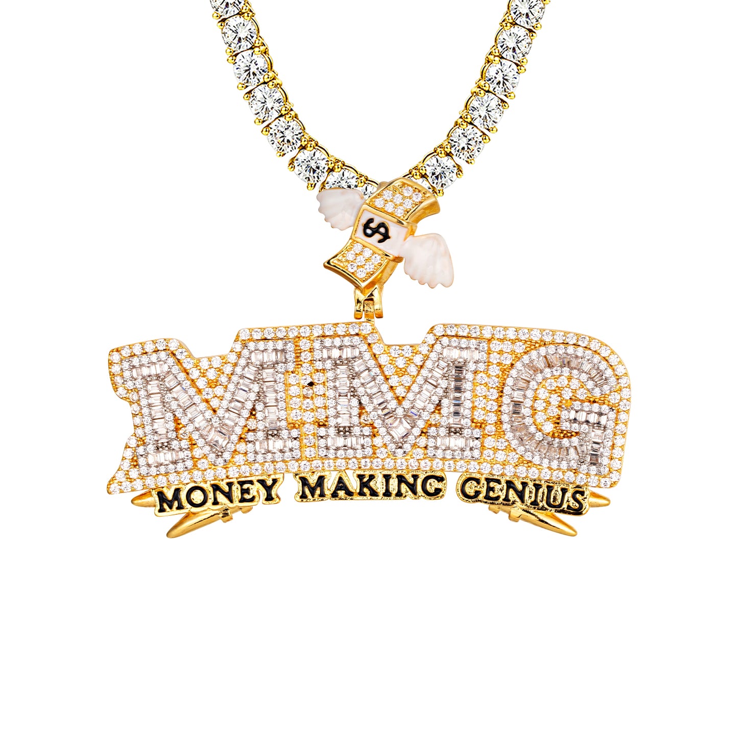 14K Gold Tone Money Making Genius Flying Bill Custom Pendant