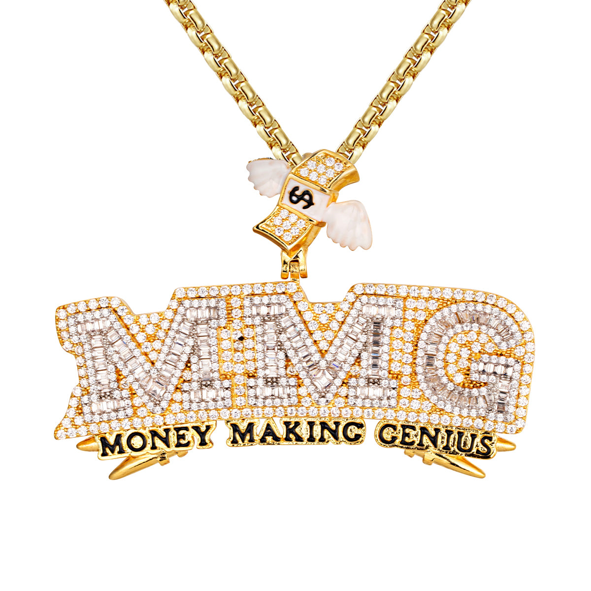 14K Gold Tone Money Making Genius Flying Bill Custom Pendant