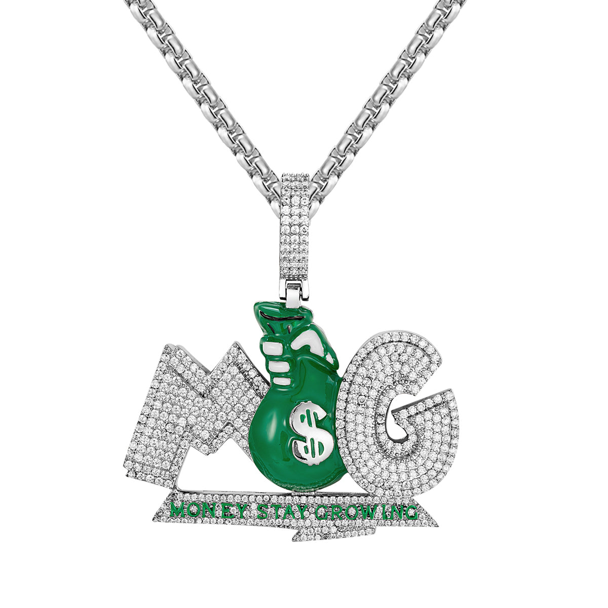 Sterling Silver Money Staying Growing Dollar Bag Icy Pendant