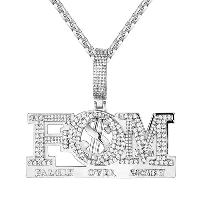 Sterling Silver Mens FOM Family Over Money Icy Hip Hop Pendant