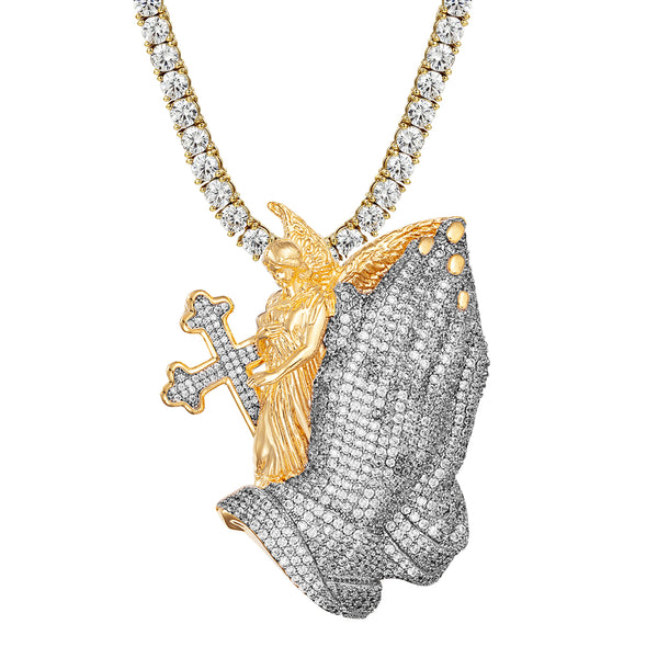 Sterling Silver Praying Hands Cross Angel Gold Tone Pendant