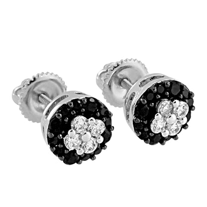 Round Cluster Set Earrings Black White Lab Diamonds Screw Back White Gold Finish 8mm