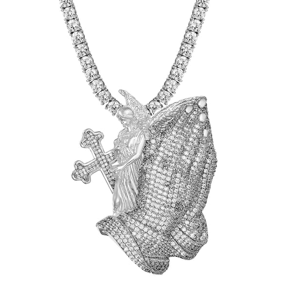 Sterling Silver Praying Hands Cross Angel Icy Hip Hop Pendant