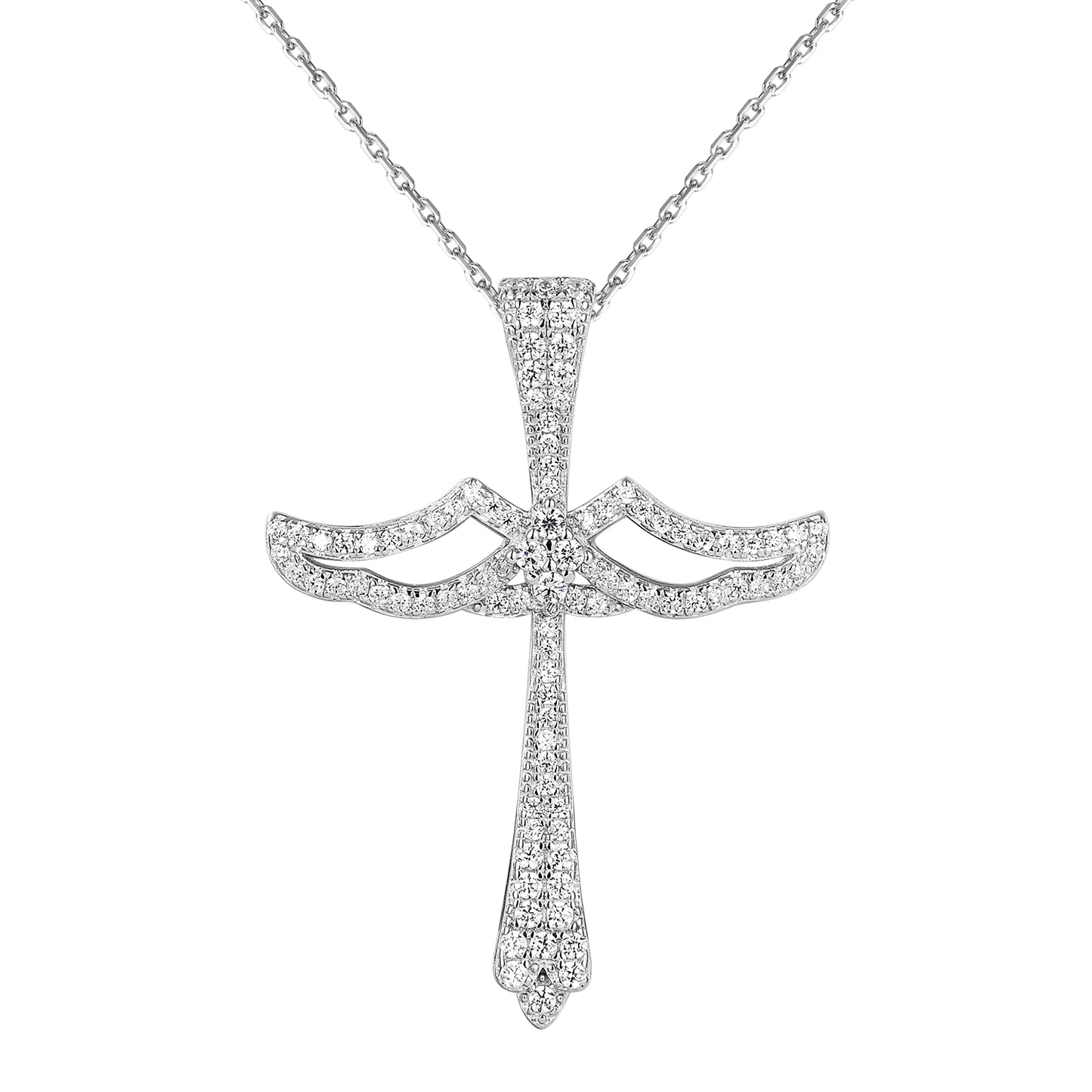 Solitaire Angel Design Silver Cross Pendant 18" Chain