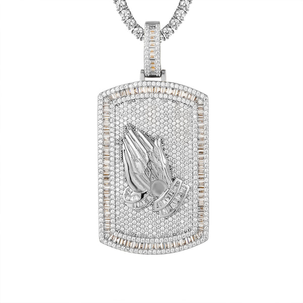 Praying Hands Baguette Dogtag Micro Pave Religious Pendant