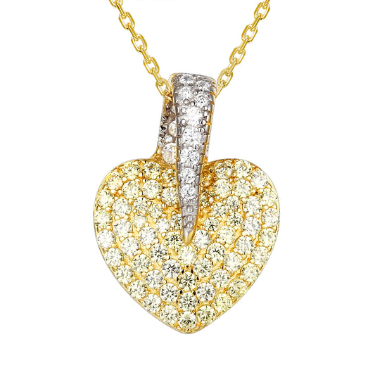 Sterling Silver Canary Yellow Stones Puff Heart 14k Gold Finish Pendant