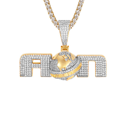 Mens All Or Nothing World Iced Out Custom Yellow Tone Pendant