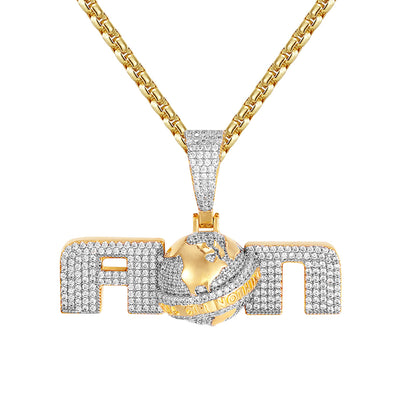 Mens All Or Nothing World Iced Out Custom Yellow Tone Pendant