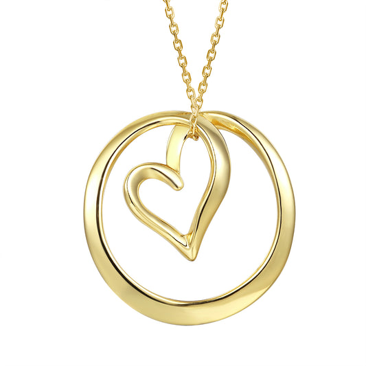 14k Gold Finish Open Heart Love Circle Pendant Chain Set
