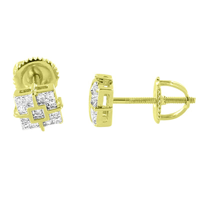 Square Face Earrings Bling Simulated Diamonds 14K Yellow Gold Finish Screw Back Studs