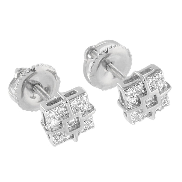 Square Design Earrings Bling Simulated Diamonds 14K White Gold Finish Screw Back Studs