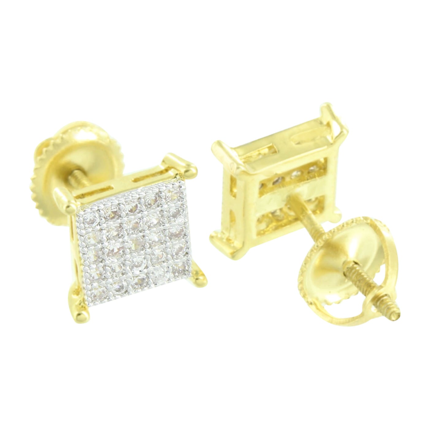 Gold Finish Square Earrings Screw Back Micro Pave