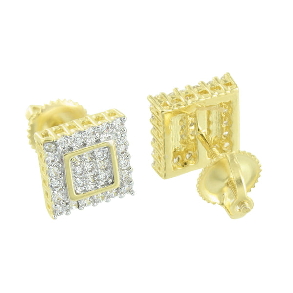 Square Shape Earrings Yellow Gold Finish Simulated Diamonds