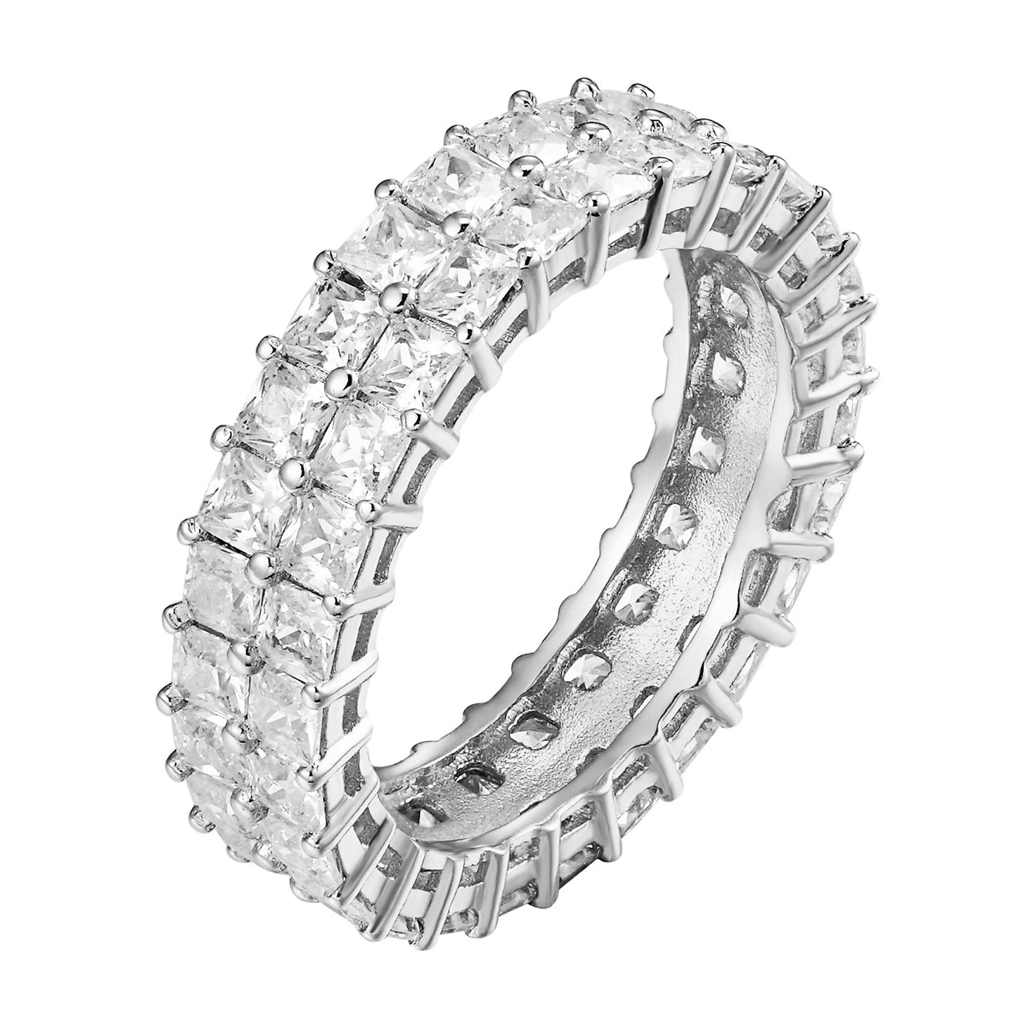 Princess Cut Eternity Ring 2 Row Sterling Silver Simulated Diamond Wedding Women
