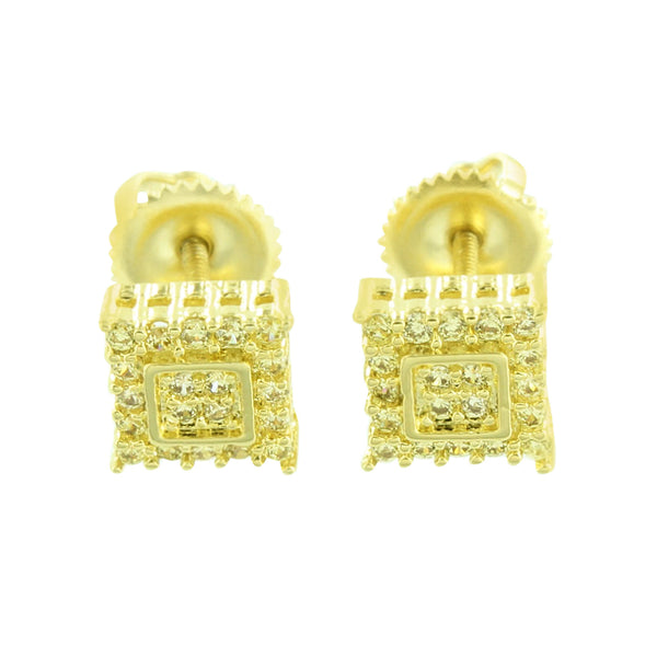 Prong Set Square Earrings Yellow Screw Back Gold Finish 6 MM