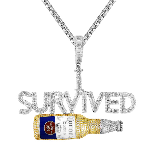 Silver I Survived Corona Baguette Bling Beer Bottle Pendant