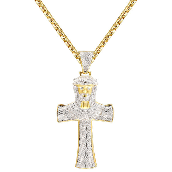 Silver Jesus Face Bling Cross Pendant Chain