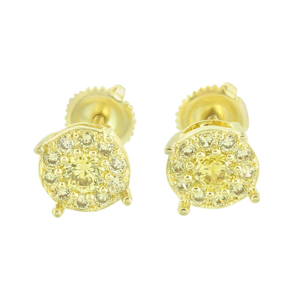 Gold Finish Round Earrings Canary Cluster Set Simulated Diamond