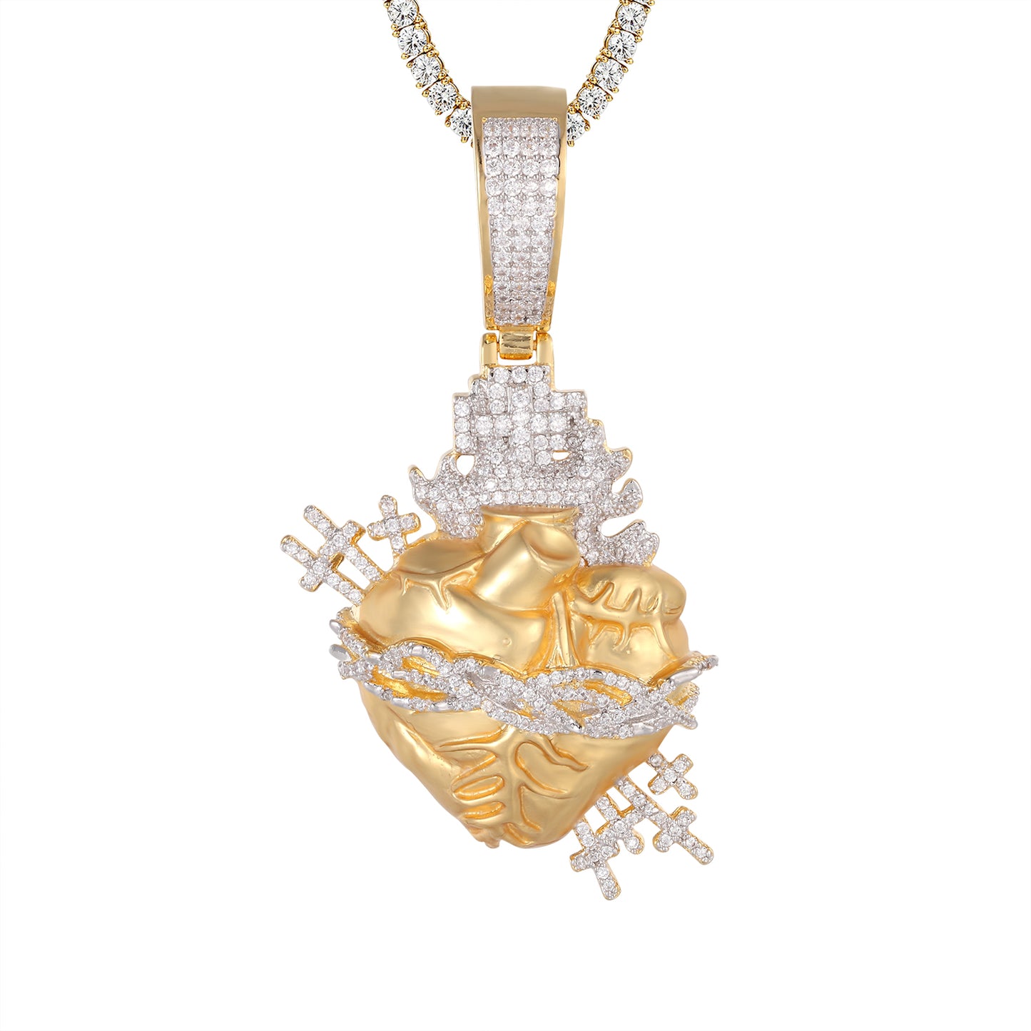 Icy Heart Gold Tone Jesus Cross Crown Custom Pendant Chain