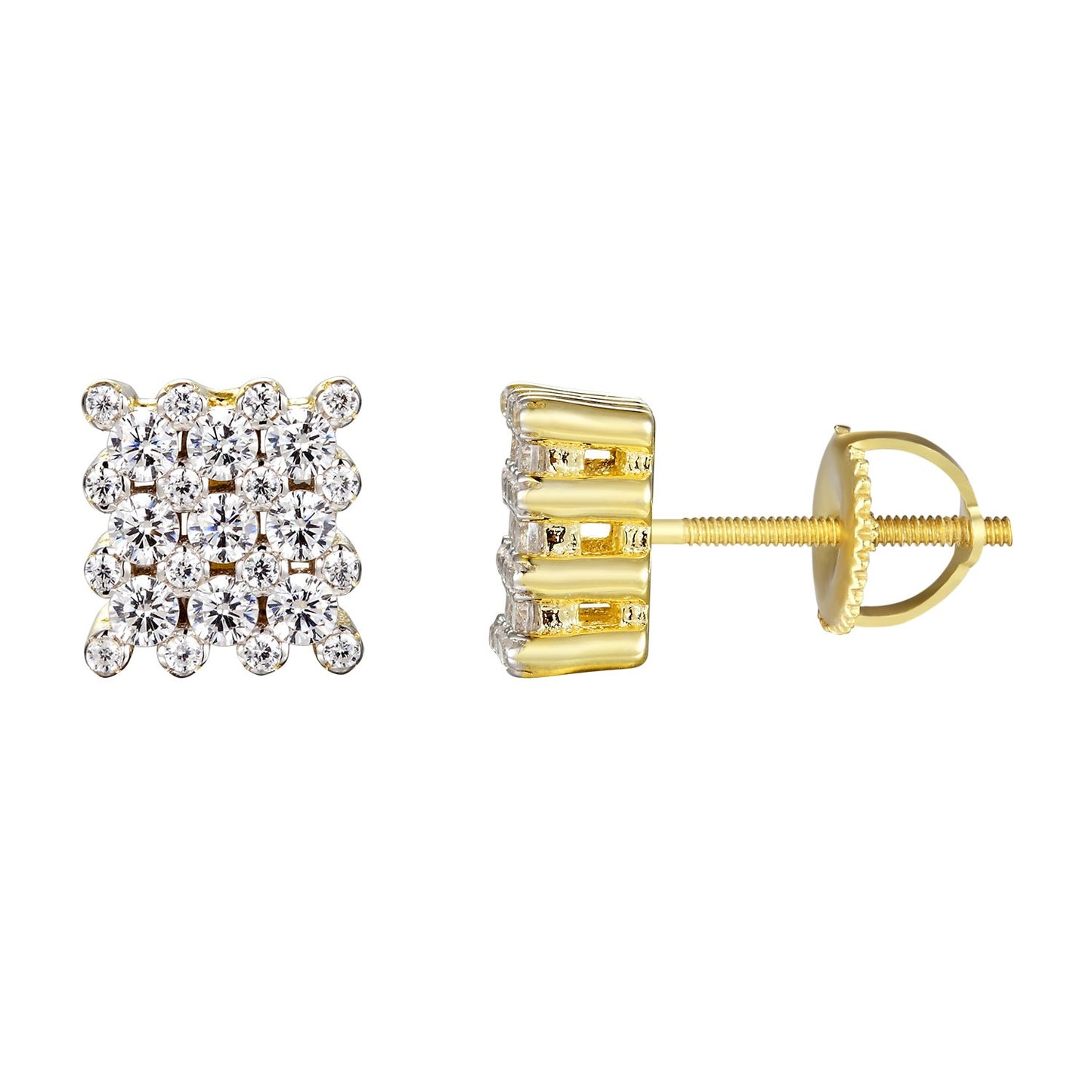 14k Gold Finish Square Silver Solitaire Stud Earrings