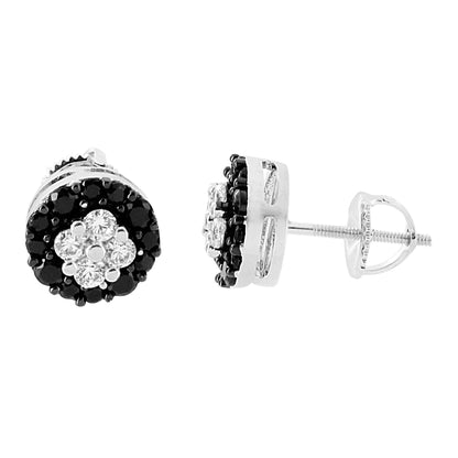 Round Cluster Set Earrings Black White Simulated Diamonds Studs Screw Back Bling Hip Hop