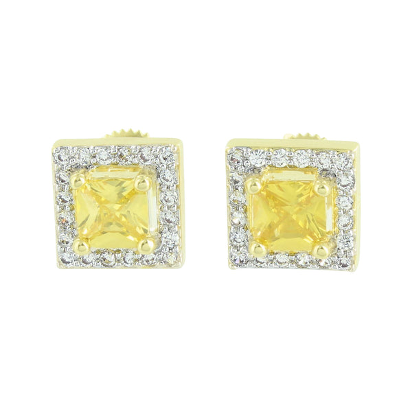 Princess Cut Canary Earrings Solitaire Screw Back Square Lab Diamonds
