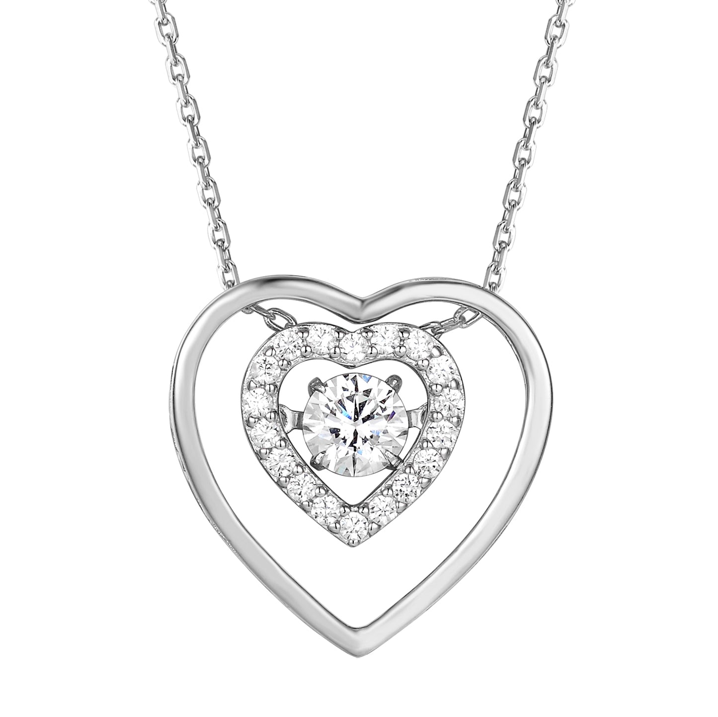 Sterling Silver Double Heart with Center Stone Pendant Valentine's Set