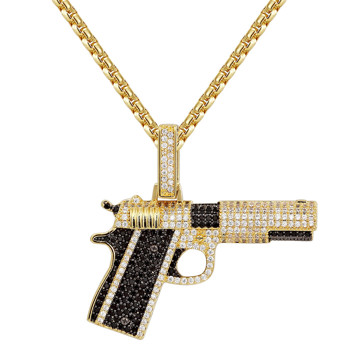 14k Gold Finish Black Pistol Gun Silver Pendant