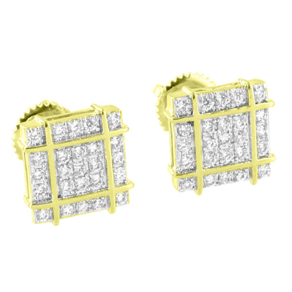 Square Shape Earrings 14K Gold Finish Studs Bling Simulated Diamonds 9mm Cluster Set