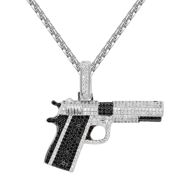 Sterling Silver Black &White Pistol Gun Pendant Chain