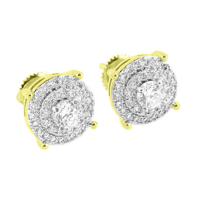 Solitaire Round Earrings Cluster Set Simulated Diamonds Screw Back 14K Yellow Gold Finish