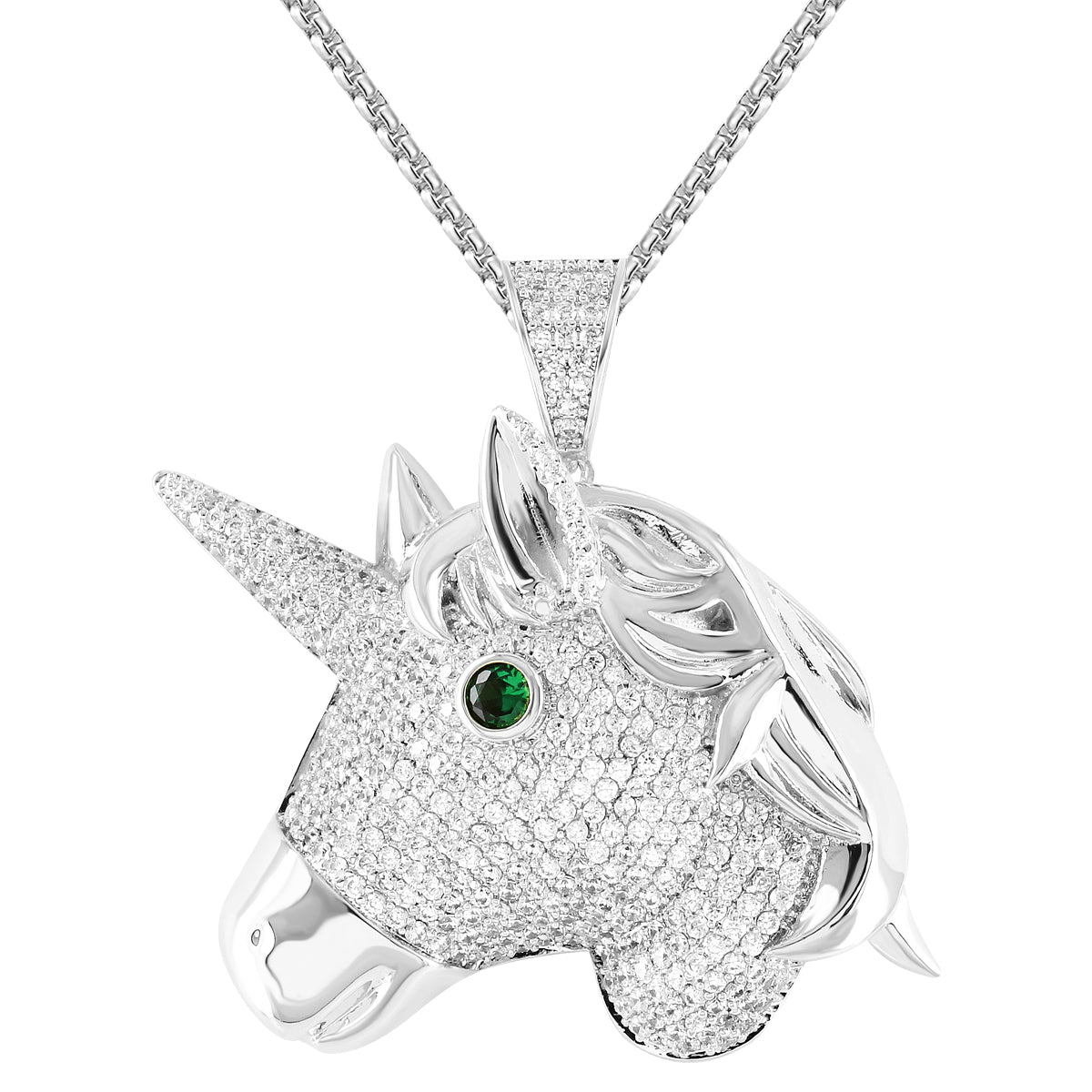 White Blessed Unicorn Emerald Eye Royal Pendant 24" Chain