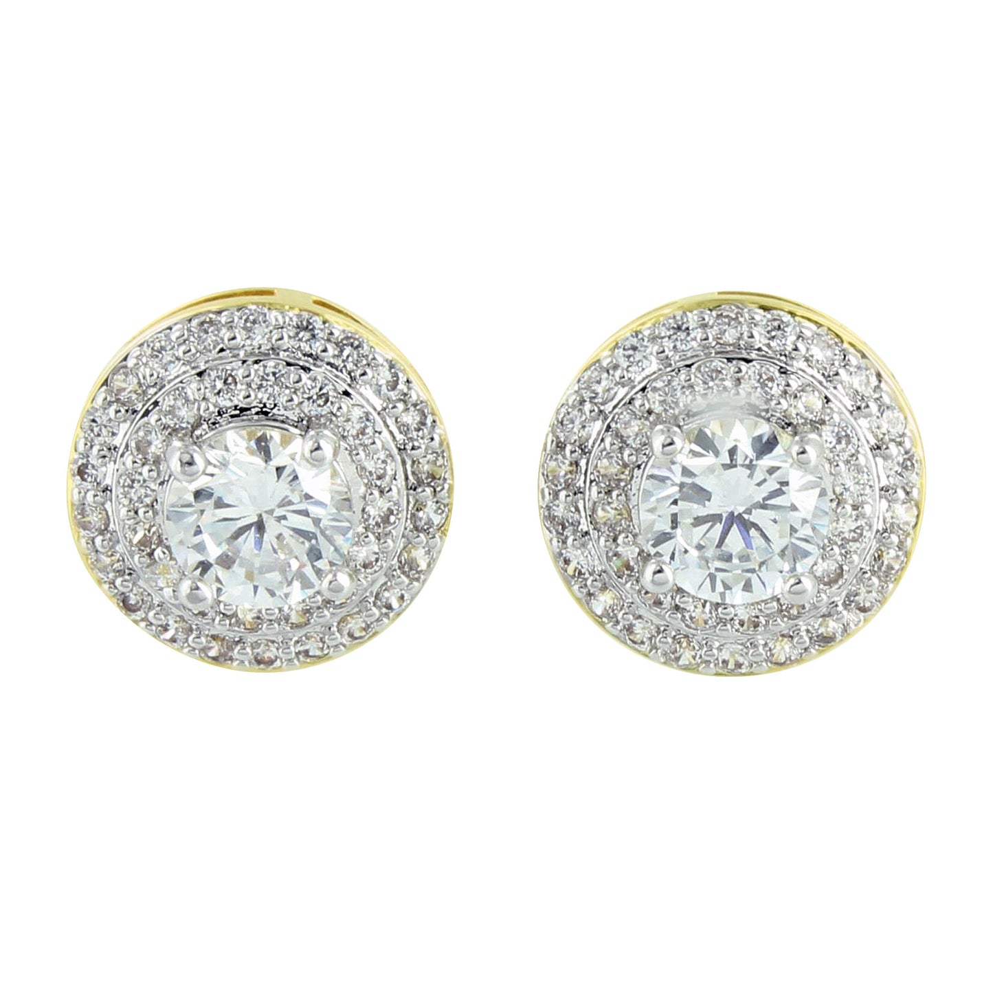 Round Gold Solitaire Earrings 14K Finish Screw Back Pave Mens Womens