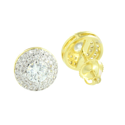Round Gold Solitaire Earrings 14K Finish Screw Back Pave Mens Womens