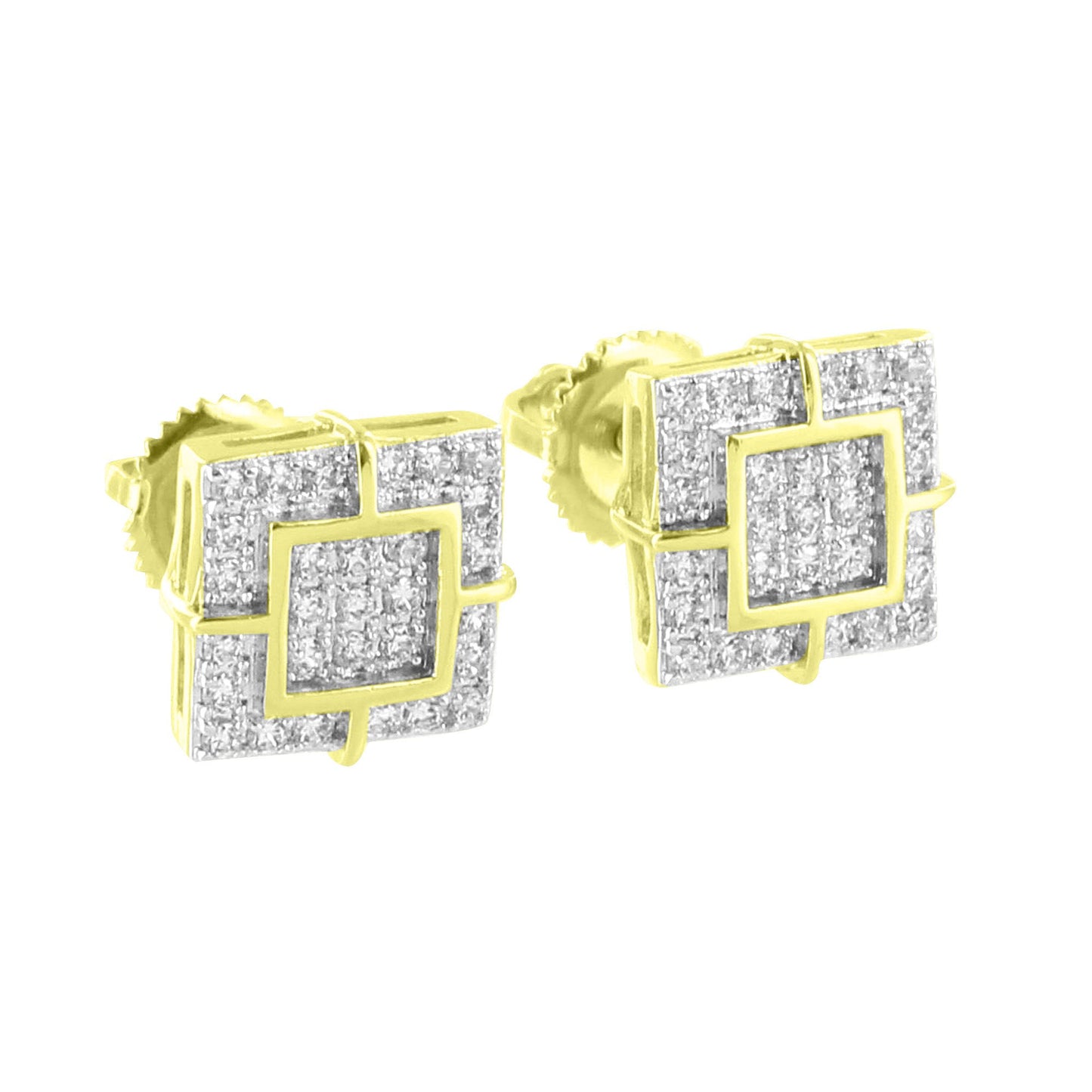 Square Designer Earrings 14K Yellow Gold Finish Bling Simulated Diamonds Screw Back
