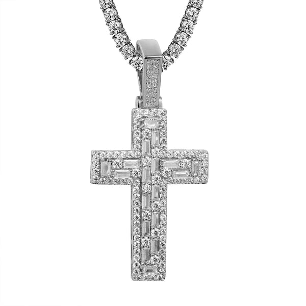 Designer Baguette Row Solitaire Bling Faith Cross Pendant