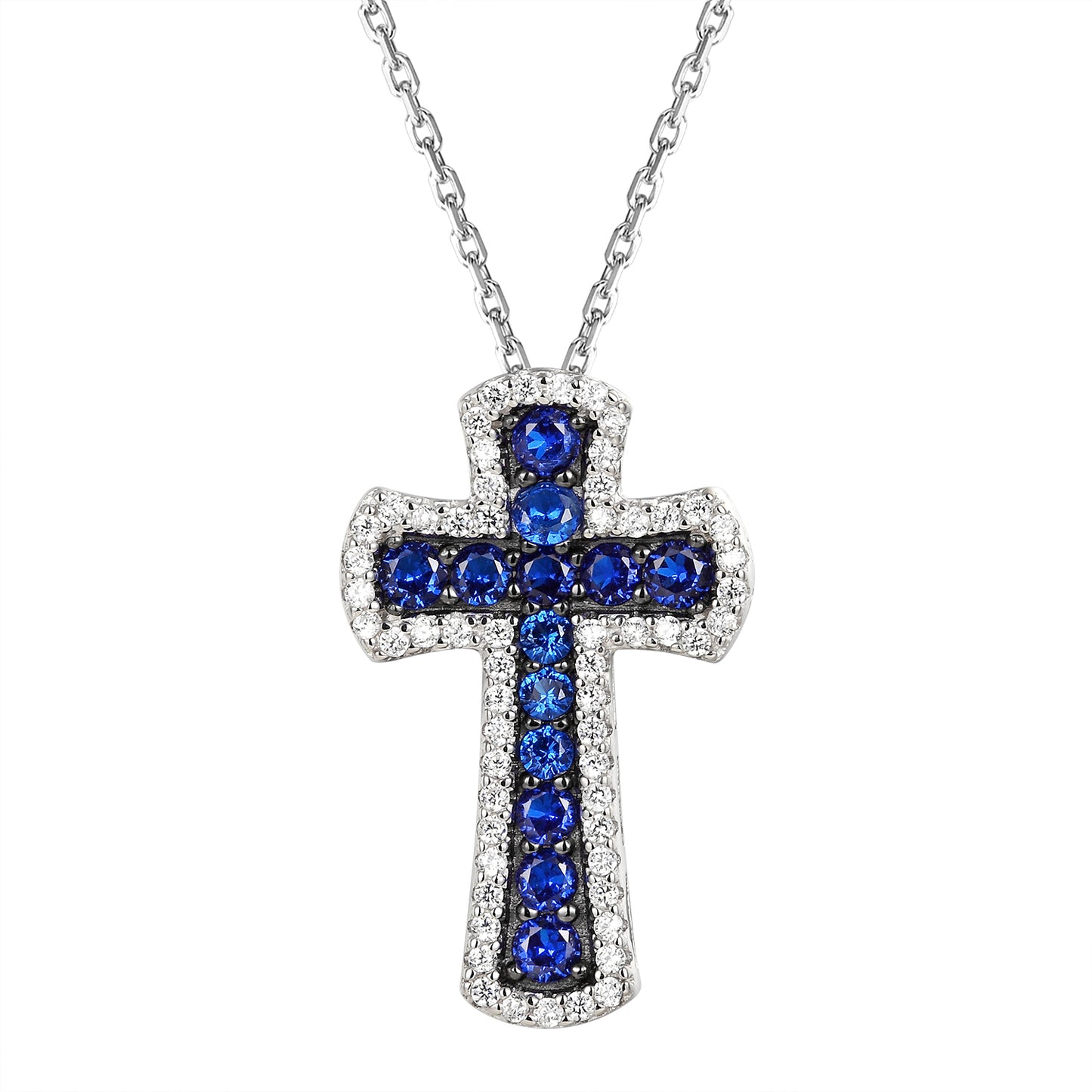 Silver Mini Blue White Solitaire Cross Pendant Chain