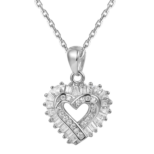 Double Heart Baguette Set Silver Pendant Chain Valentine's