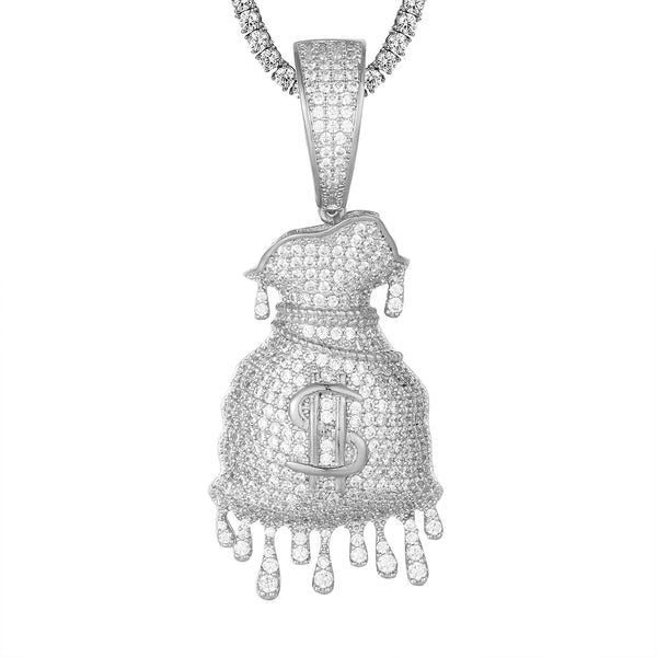 Sterling Silver Money Dollar Bag Mens Drop Icy Custom Pendant