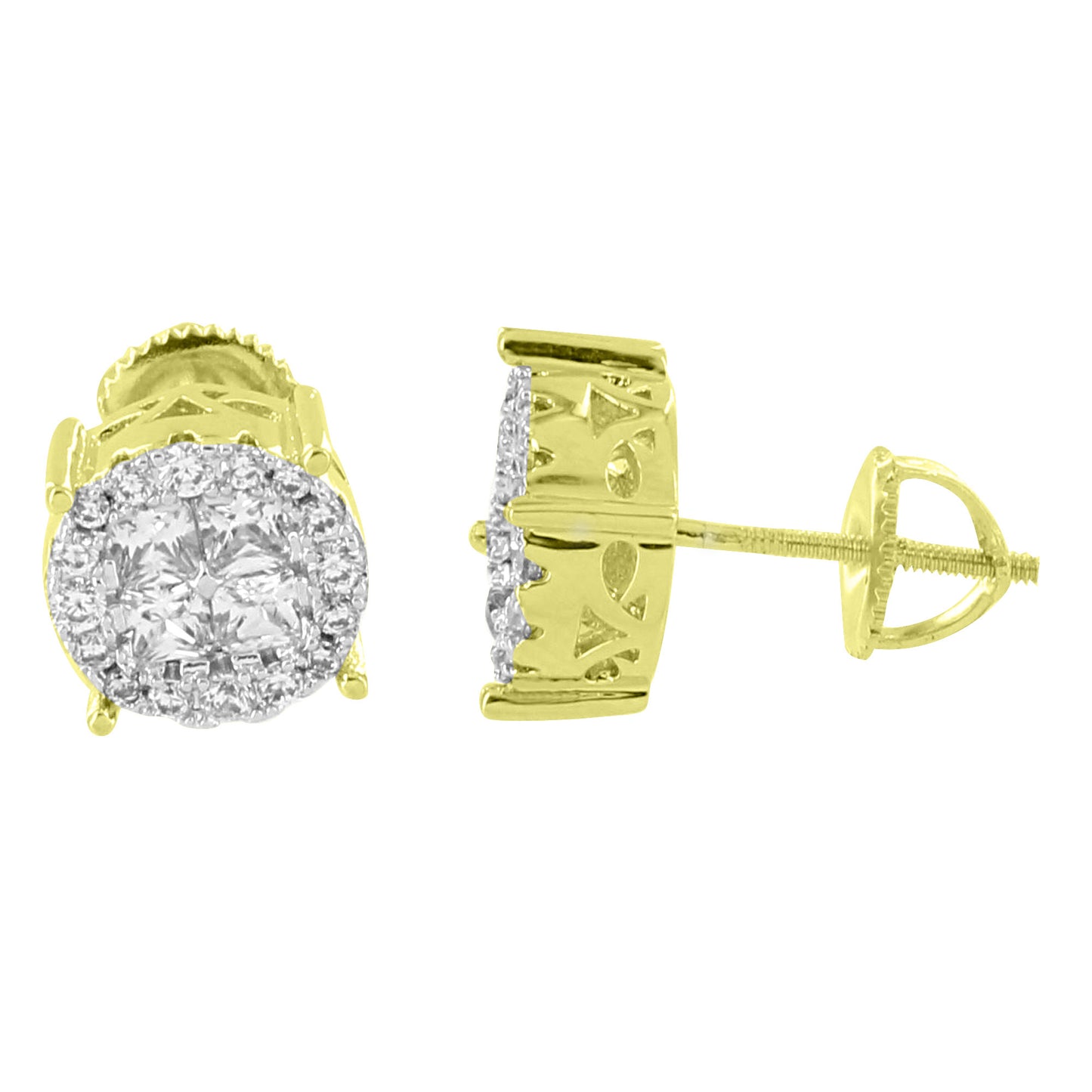 Solitaire Cluster Earrings Round Simulated Diamonds 14K Yellow Gold Finish Screw Back Studs
