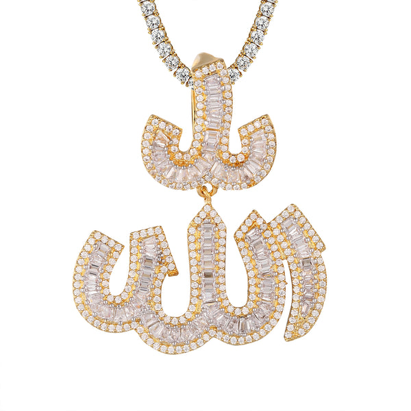 Muslim God Arabic Baguette Icy Allah Gold Tone Pendant