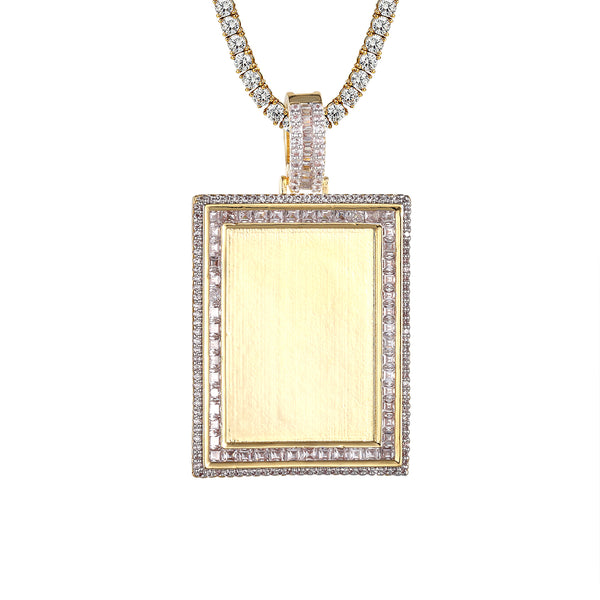 Unisex Dog Tag Baguette Bling Picture Memory Frame Pendant