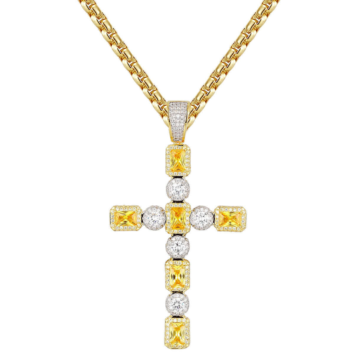 14k Gold Finish Canary Solitaire Silver Cross Pendant Free Chain