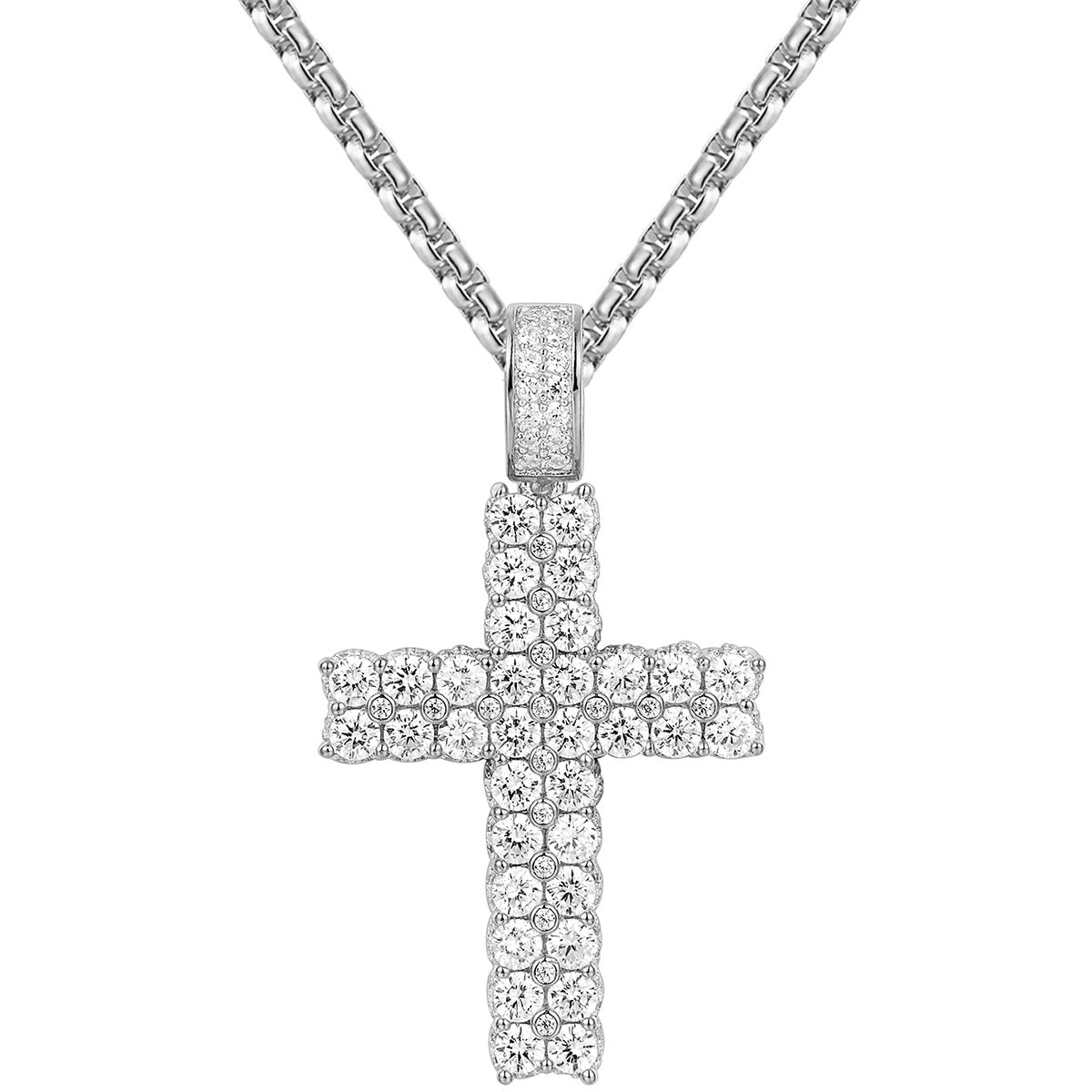 Sterling Silver Two Row Solitaire Bling Cross Pendant Chain