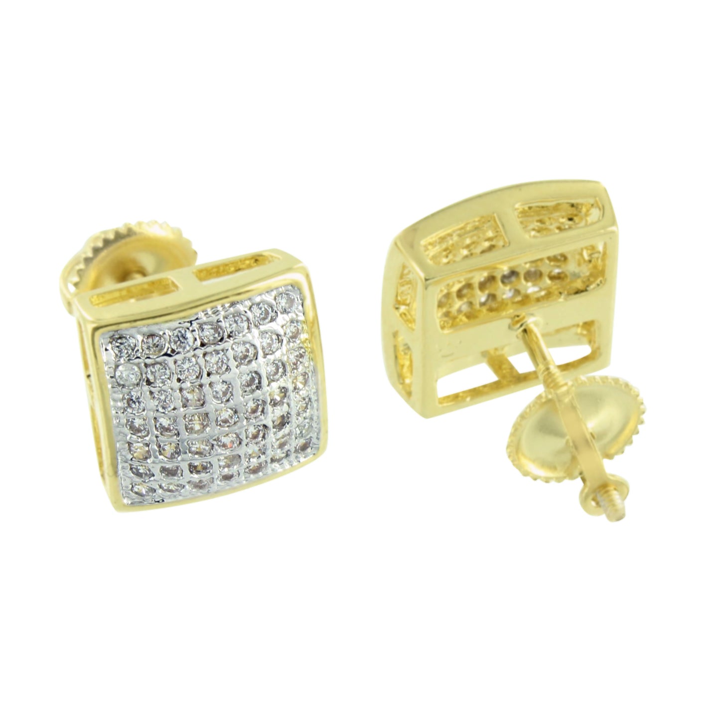 Square Shape Earrings Yellow Gold Finish Lab Created CZ Pave Set Screw Back
