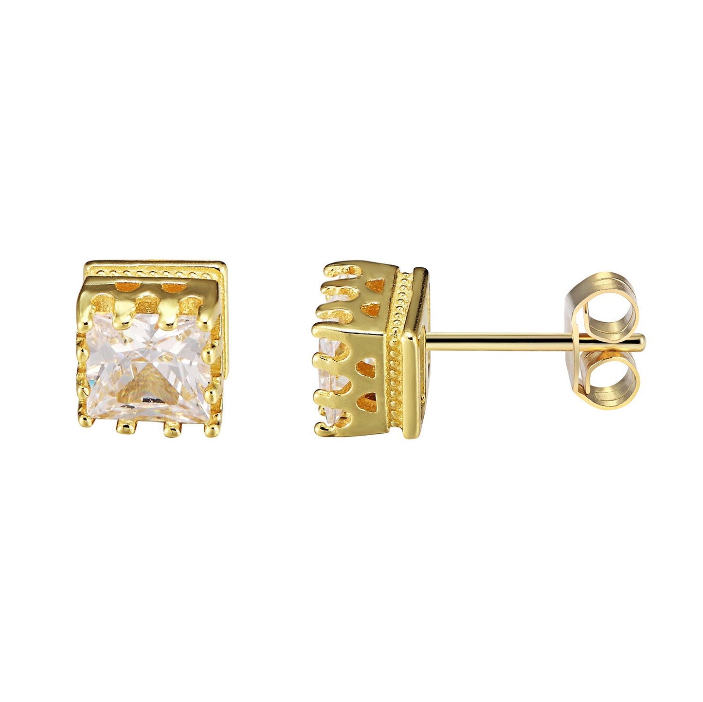 Bling 14k Gold Finish Sterling Silver Square Shape Prong Solitaire Earrings