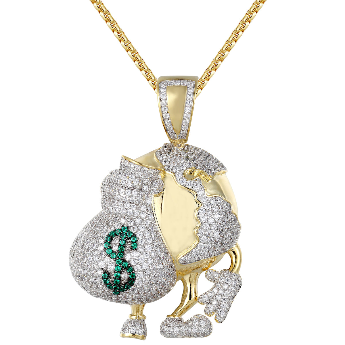 Men's Silver World Globe Holding Money Bag Rich  Pendant